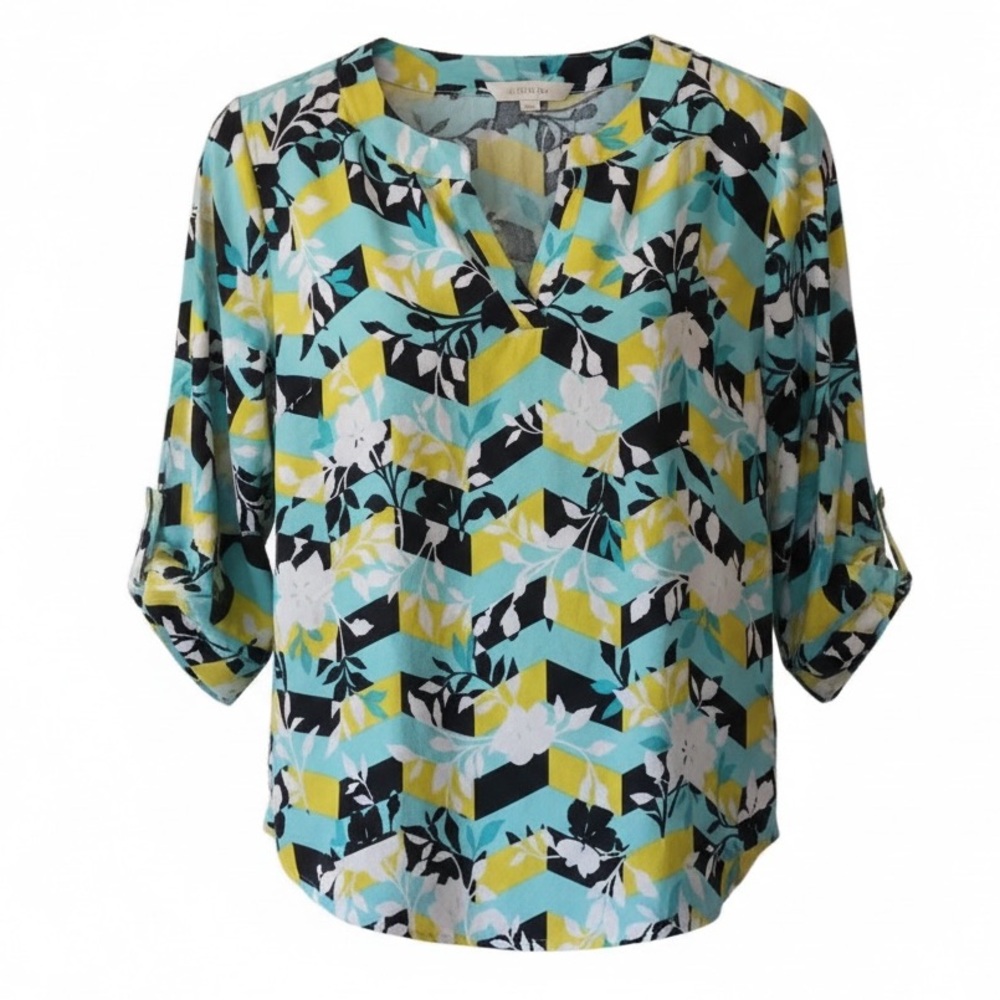 Chevron Floral Women's Hi Lo Top Blue Yellow Black Split Neck Size L